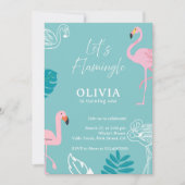 Aqua & Pink Flamingo Tropical Birthday 招待状 (正面)