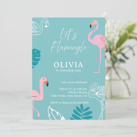Aqua & Pink Flamingo Tropical Birthday 招待状 (スタンド正面)