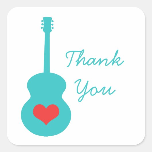 Aqua/Red Guitarハートサンキューステッカー スクエアシール (正面)
