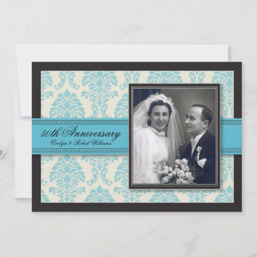 Aqua Ribbon Damask Anniversary Party Invitation 招待状 (正面)