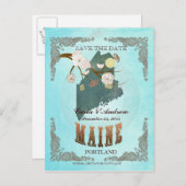 Aqua Save The Date - Maine Map With Lovely Birds 案内ポストカード (正面/裏面)