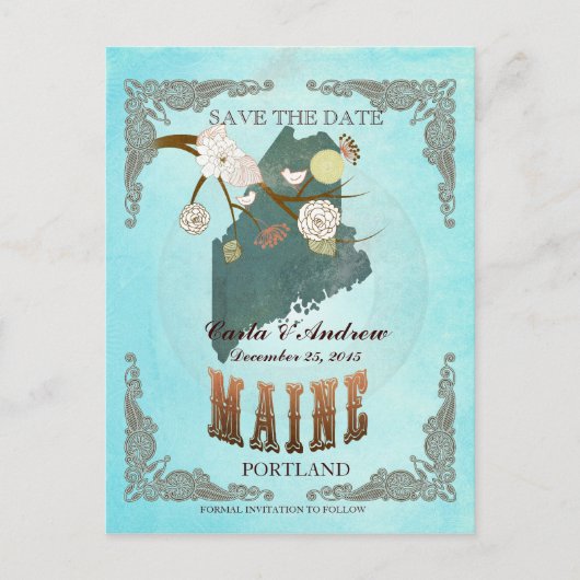 Aqua Save The Date - Maine Map With Lovely Birds 案内ポストカード (正面)