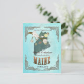 Aqua Save The Date - Maine Map With Lovely Birds 案内ポストカード (スタンド正面)