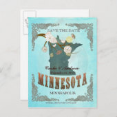 Aqua Save The Date - MN Map With Lovely Birds 案内ポストカード (正面/裏面)