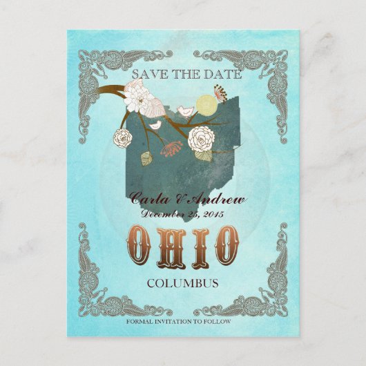 Aqua Save The Date - Ohio Map With Lovely Birds 案内ポストカード (正面)