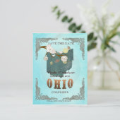 Aqua Save The Date - Ohio Map With Lovely Birds 案内ポストカード (スタンド正面)