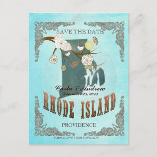 Aqua Save The Date - RI Map With Lovely Birds 案内ポストカード