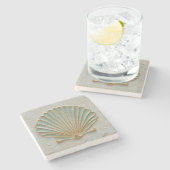 Aqua Scallop Shell Coastal Art ストーンコースター (横)