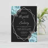 Aqua Silver Floral Black QR Code Wedding 招待状 (スタンド正面)