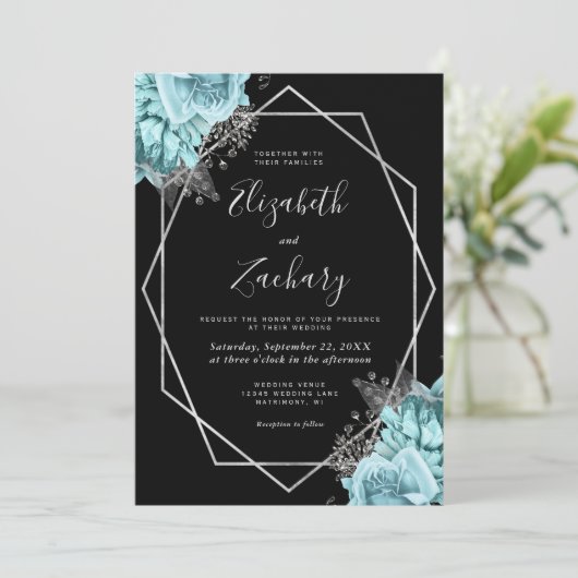 Aqua Silver Floral Black QR Code Wedding 招待状 (スタンド正面)