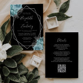 Aqua Silver Floral Black QR Code Wedding 招待状