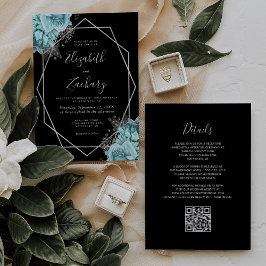 Aqua Silver Floral Black QR Code Wedding 招待状