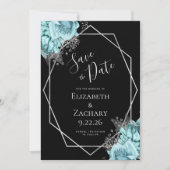 Aqua Silver Floral Geometric Black Save the Date セーブザデート (正面)