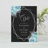 Aqua Silver Floral Geometric Black Save the Date セーブザデート (スタンド正面)