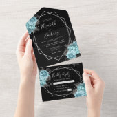 Aqua Silver Floral Geometric Black Wedding オールインワン招待状 (貼ってはがせる)