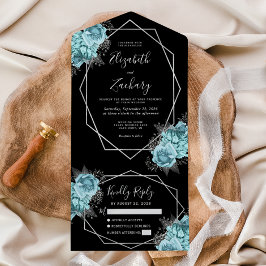 Aqua Silver Floral Geometric Black Wedding オールインワン招待状