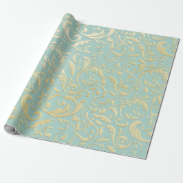 Aqua & Teal Xmas Wrapping Paper with Gold Accents ラッピングペーパー