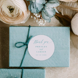 Aqua Thank You Wedding Calligraphy Favor Labels ラウンドシール