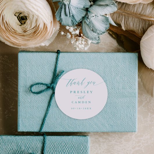 Aqua Thank You Wedding Calligraphy Favor Labels ラウンドシール