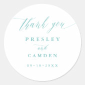 Aqua Thank You Wedding Calligraphy Favor Labels ラウンドシール (正面)