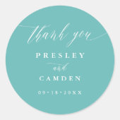 Aqua Thank You Wedding Calligraphy Favor Labels ラウンドシール (正面)