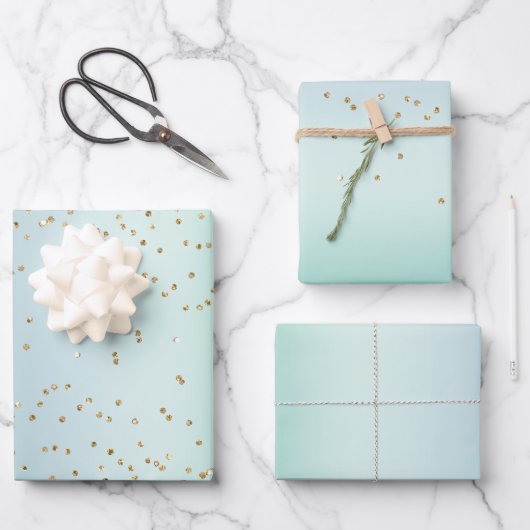 Aqua White Mint Gold Confetti Christmas ラッピングペーパーシート (正面)