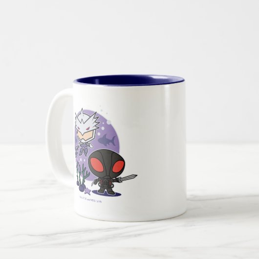 Aquaman |のチビ(小さくかわいく書いた感じ) Orm及び黒いマンタの海底グラフィック ツートーンマグカップ (正面左)