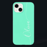 Aquamarine白い書エレガント跡スクリプト名 Case-Mate iPhone 14ケース<br><div class="desc">Aquamarineエレガント White Writhal Scriptのタイポグラフィ名カスタムiPhone 14 Phoneケースはトレンディーとデザインを備えパーソナライズされたて、アクアマリンの背景に書のを手に書きと一緒にを持つ。©Evco Studio www.zazzle.com/store/evcostudioによる設計</div>