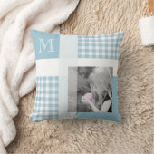 Aquamarine Add Your Photo Gingham モダン Monogram クッション (ブランケット)
