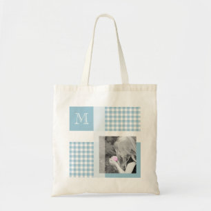 Aquamarine Add Your Photo Gingham モダン Monogram トートバッグ