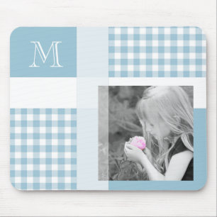 Aquamarine Add Your Photo Gingham モダン Monogram マウスパッド