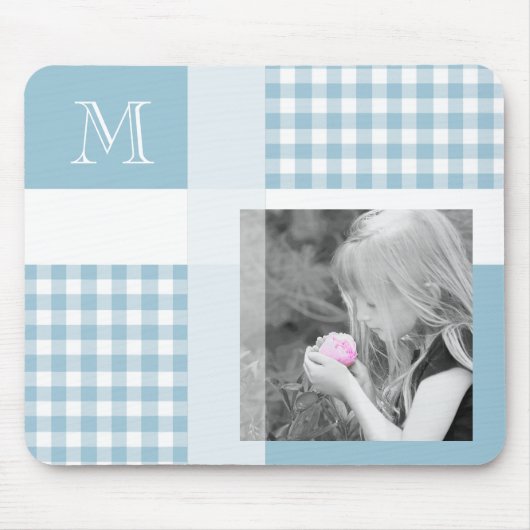 Aquamarine Add Your Photo Gingham モダン Monogram マウスパッド (正面)