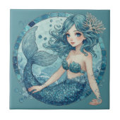 Aquamarine Blue Eye Mermaid Tropical Ocean Corals タイル (正面)