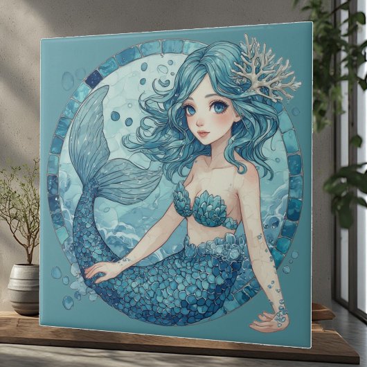 Aquamarine Blue Eye Mermaid Tropical Ocean Corals タイル