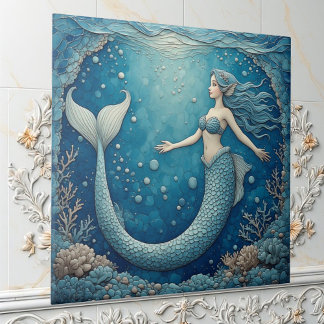 Aquamarine Mermaid Ocean Mosaic Iridescent Alcove タイル
