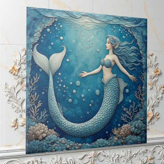 Aquamarine Mermaid Ocean Mosaic Iridescent Alcove  タイル
