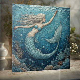 Aquamarine Mermaid Ocean Mosaic Luminous Coral Art タイル