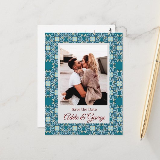 Aquamarine PHOTO Wedding日付はがきを保存 ポストカード (正面/裏面インサイチュ)