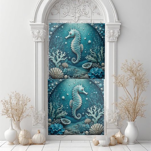 Aquamarine Seahorse Coastal Seashells Corals Reef  タイル