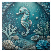 Aquamarine Seahorse Coastal Seashells Corals Reef  タイル (正面)