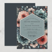 Aquamarine Shadowed Flora Wedding 招待状 (正面/裏面)