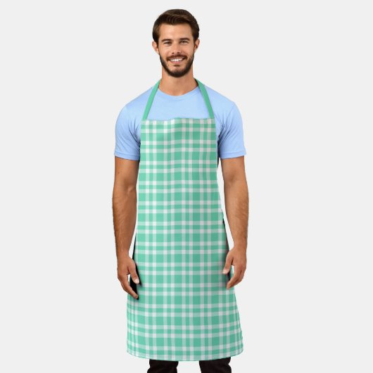 Aquamarine White Plaid Pattern エプロン (着用した状態)