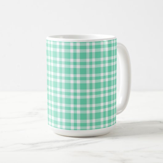 Aquamarine White Plaid Pattern コーヒーマグカップ (正面右)