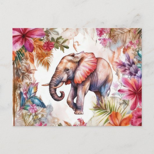 Aquarell Illustration eines Elefanten im Dschungel ポストカード (正面)