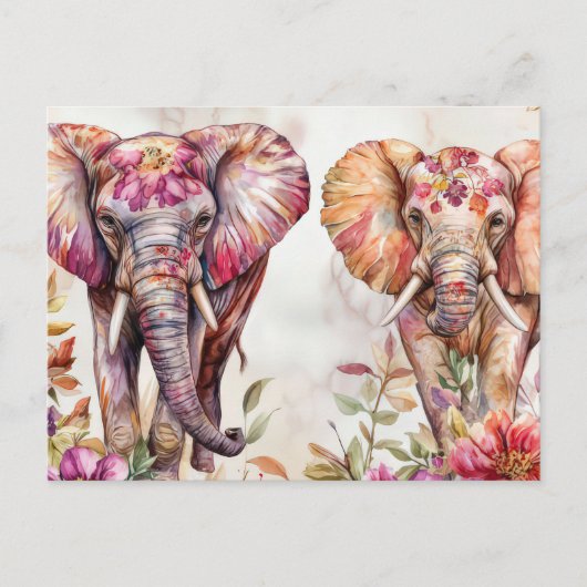Aquarell Illustration eines Elefanten mit Blumen ポストカード (正面)