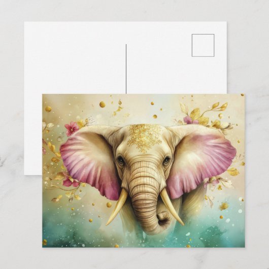 Aquarell Illustration eines Elefanten mit Blumen ポストカード (正面/裏面)