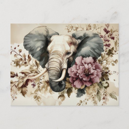 Aquarell Illustration eines Elefanten mit Blumen ポストカード (正面)