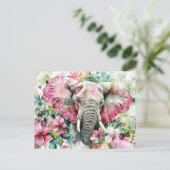 Aquarell Illustration eines Elefanten mit Blumen ポストカード (スタンド正面)