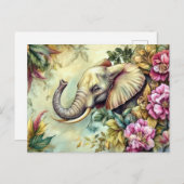 Aquarell Illustration eines Elefanten mit Blumen ポストカード (正面/裏面)