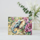 Aquarell Illustration eines Elefanten mit Blumen ポストカード (スタンド正面)